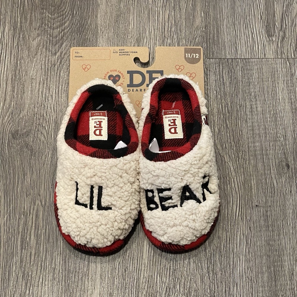 Dearfoams Lil Bear Slippers Sherpa Clog Size 11-12 Kids Toddler Red Plaid